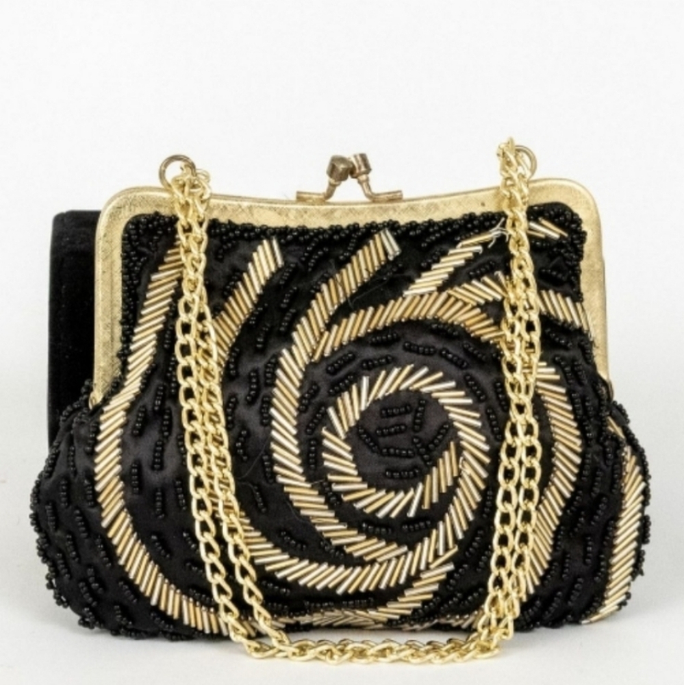 LA REGALE VINTAGE BLACK GOLD BEADED EVENING CLUTCH BAG WITH CHAIN